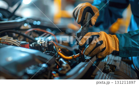 Engineer in garage working on blue car engine with hood up 131211897