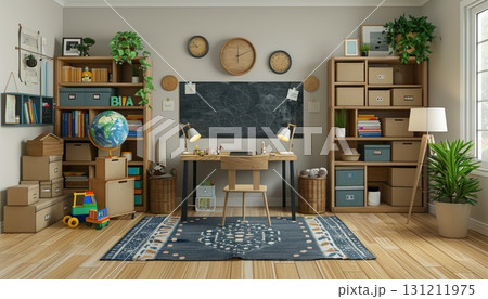 Childs room features a desk, shelves, rug, and chalkboard for study and play 131211975