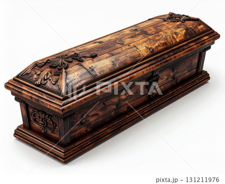 Elaborate Wooden Coffin Ornate Carvings Intricate Details Rich Brown Tones on White Background 131211976