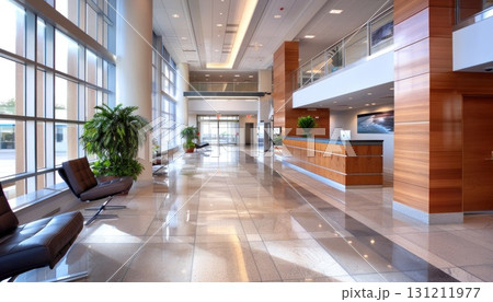 Modern lobby with large windows, ample seating, and stylish interior design 131211977