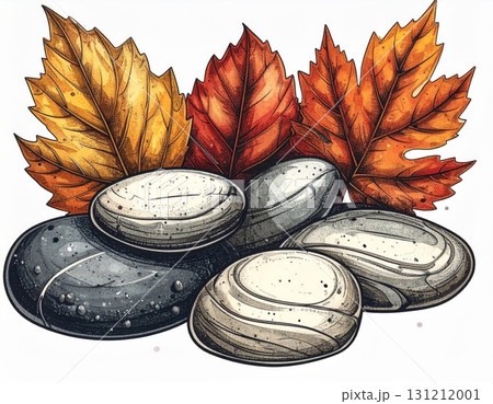 Autumn Leaves and Smooth River Stones Composition in Warm Tones Graphic Illustration Autumn Leaves and Smooth River Stones Composition in Warm Tones Graphic Illustration 131212001