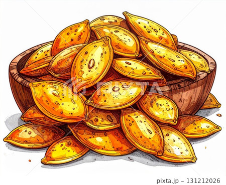 Pile of Golden Roasted Seeds in Brown Wooden Bowl Illustration Pile of Golden Roasted Seeds in Brown Wooden Bowl Illustration 131212026