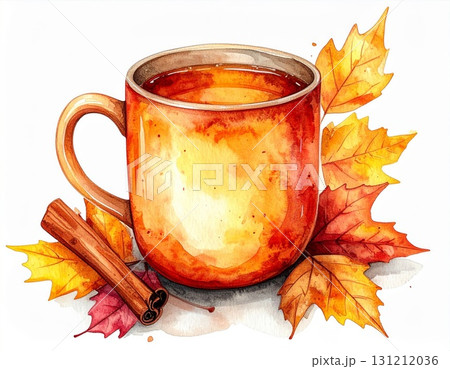 Warm Orange Mug with Hot Drink Surrounded by Autumn Leaves and Cinnamon Stick Still Life 131212036