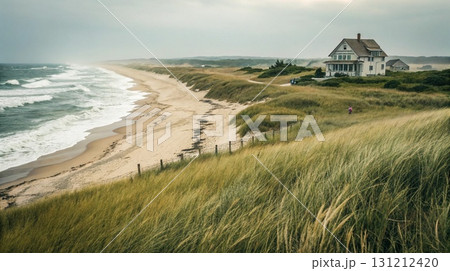 A secluded house on a sandy beach with tall dune grasses and crashing ocean waves under a cloudy sky 131212420