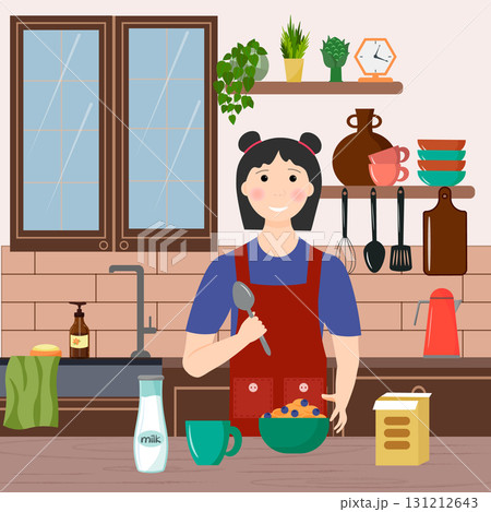 A teenage girl prepares breakfast in the kitchen. Early morning. Kitchen interior with dishes and cabinets. A box of muesli and a bottle of milk. A green cup with a drink. A healthy meal of cereal and A teenage girl prepares breakfast in the kitchen. Early morning. Kitchen interior with dishes and cabinets. A box of muesli and a bottle of milk. A green cup with a drink. A healthy meal of cereal and 131212643