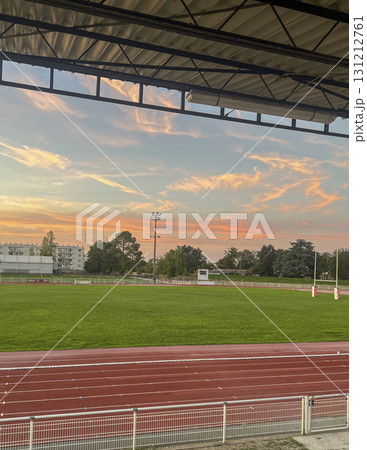 Sunset view over rugby field in Gironde during evening practice 131212761
