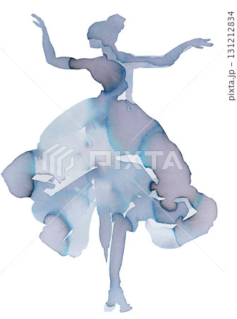 Elegant dancer in flowing dress captured in graceful watercolor and ink illustration Elegant dancer in flowing dress captured in graceful watercolor and ink illustration 131212834
