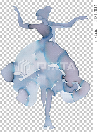 Elegant dancer in flowing dress captured in graceful watercolor and ink illustration 131212834