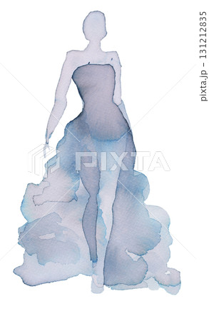 Elegant watercolor fashion design features flowing gown with ethereal silhouette 131212835