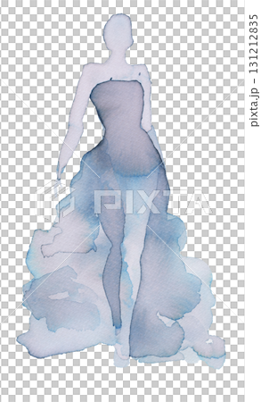 Elegant watercolor fashion design features flowing gown with ethereal silhouette 131212835