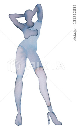 Elegant figure in watercolor and ink poised in a striking pose with high heels 131212853