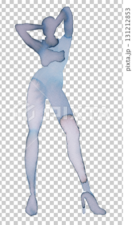 Elegant figure in watercolor and ink poised in a striking pose with high heels 131212853
