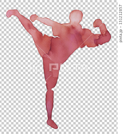Dynamic silhouette of a martial artist executing a high kick in vibrant watercolor style Dynamic silhouette of a martial artist executing a high kick in vibrant watercolor style 131212857