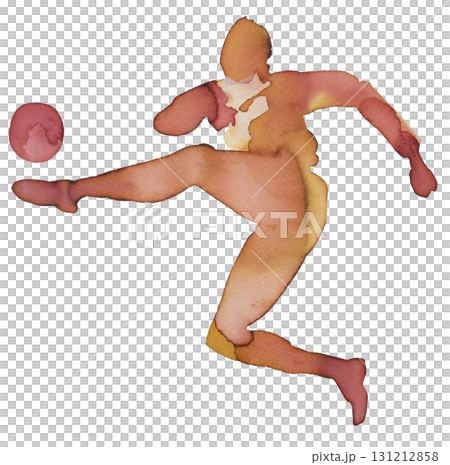 Dynamic figure in motion kicking a ball, showcasing fluidity in watercolor and ink style Dynamic figure in motion kicking a ball, showcasing fluidity in watercolor and ink style 131212858