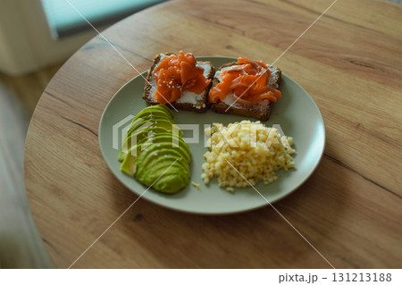 Healthy breakfast plate with salmon sandwiches, avocado, and scrambled eggs Healthy breakfast plate with salmon sandwiches, avocado, and scrambled eggs 131213188