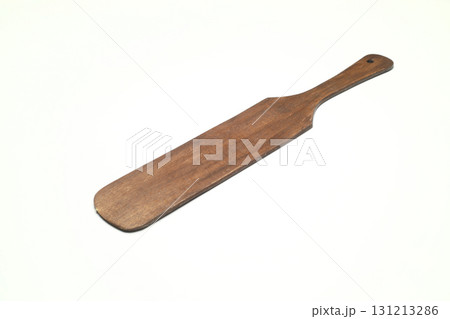 Wood cutting board for homemade bread cooking isolated on white background. Empty wooden 131213286