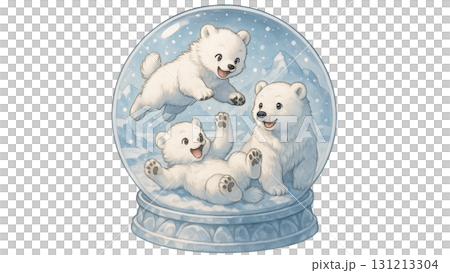 Polar bear family playing in a snow globe 131213304