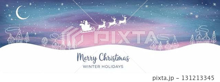 月夜の空を飛ぶサンタと幻想的な街並みのイラスト 131213345