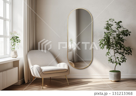 Modern minimalist interior featuring elegant mirror, cozy chair, and lush greenery in serene space 131213368