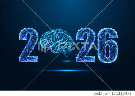 2026 with glowing brain symbol in digital low poly style vector illustration for AI and innovation 131213472
