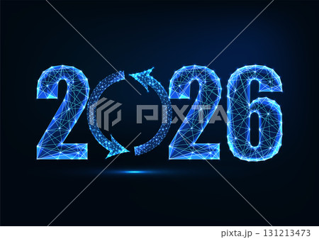 2026 New Year low poly glowing vector numbers with update loop arrow symbol in futuristic style 131213473