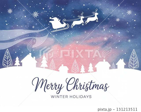 夜空を駆けるサンタとトナカイの幻想的なクリスマスイラスト 夜空を駆けるサンタとトナカイの幻想的なクリスマスイラスト 131213511