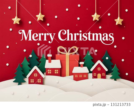 クリスマスプレゼントと家が並ぶ立体的なイラスト クリスマスプレゼントと家が並ぶ立体的なイラスト 131213733