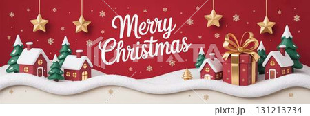 立体的なクリスマス風景の横長イラスト 131213734