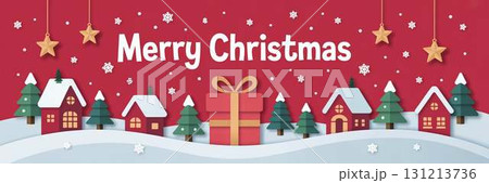 切り絵風の家とプレゼントの横長イラスト 131213736