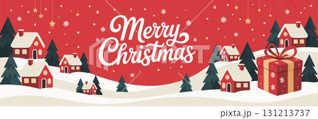 雪の積もった家とプレゼントの可愛らしい横長イラスト 131213737