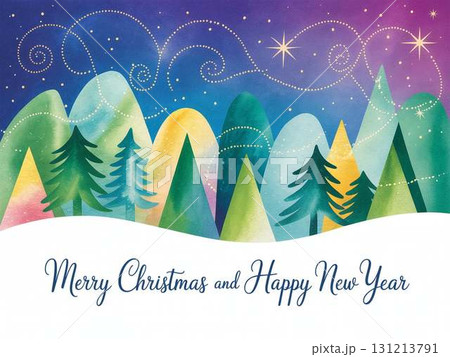 水彩の丘とクリスマスツリーと夜空のクリスマスカード 水彩の丘とクリスマスツリーと夜空のクリスマスカード 131213791