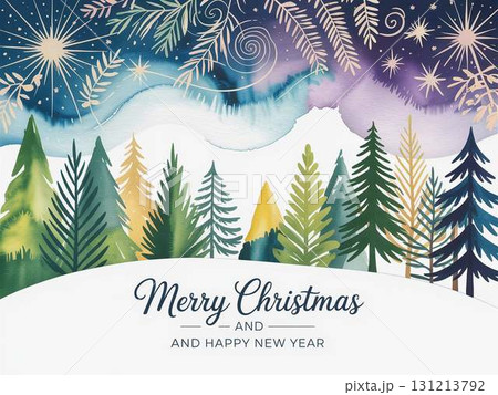水彩のカラフルなクリスマスツリーと夜空のクリスマスカード 水彩のカラフルなクリスマスツリーと夜空のクリスマスカード 131213792