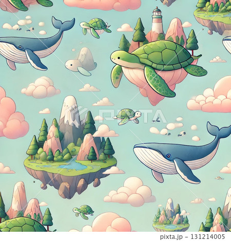 Whimsical Floating Islands with Whales and Turtles A Fantasy Landscape Illustration 131214005