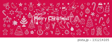 手描き風のクリスマスアイテムとメリークリスマスのバナー 131214105