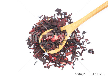 Karkade tea. Hibiscus tea leaves in wooden spoon isolated on white background. File contains clipping path. Top view. Karkade tea. Hibiscus tea leaves in wooden spoon isolated on white background. File contains clipping path. Top view. 131214205