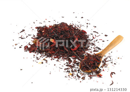 Hibiscus, a pile of red dried Hibiscus tea leaves. Karkade tea. On white background. View from above. 131214330