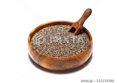 Chia seeds in wooden spoon. Healthy superfood rich in Omega 3 fatty acids 131214380