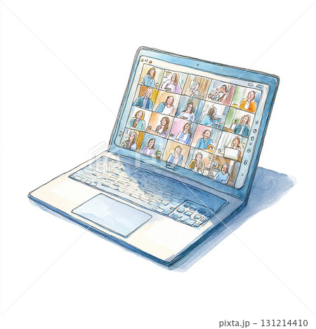 水彩風のノートパソコンとオンライン会議・リモートワークのイラスト 131214410