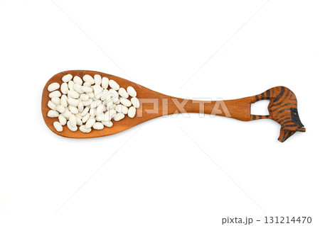 White Beans in a wooden spoon close-up on a white background. Vegetarian food. 131214470