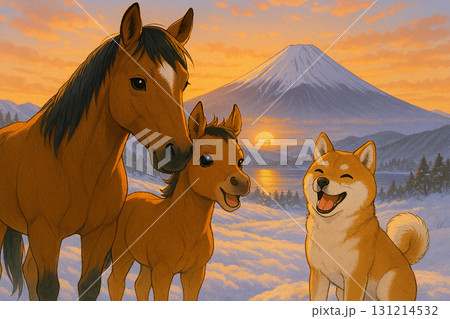 富士山と初日の出を眺めるお馬の親子と豆柴くんの心温まる風景｜2026年 131214532