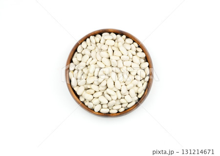 white kidney bean in wooden bowl isolated on white background. Top view. Flat lay white kidney bean in wooden bowl isolated on white background. Top view. Flat lay 131214671