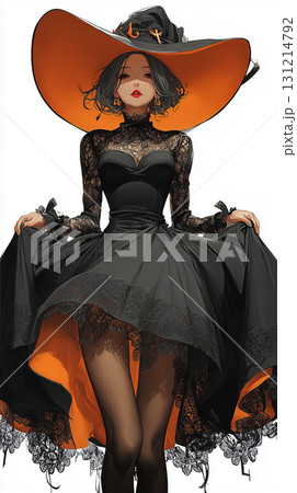 ハロウィン魔女のファッションイラスト｜黒とオレンジが映えるスタイリッシュな装い 131214792