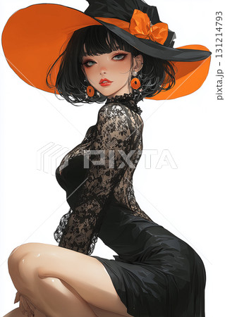 ハロウィン魔女のファッションイラスト｜黒とオレンジが映えるスタイリッシュな装い 131214793