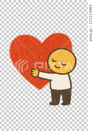 大きな赤いハートを抱きしめる人物 オイルパステルイラスト PNG 透過背景 131214963