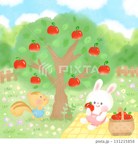 秋_りんご狩りをするリスとうさぎのイラスト 秋_りんご狩りをするリスとうさぎのイラスト 131215858