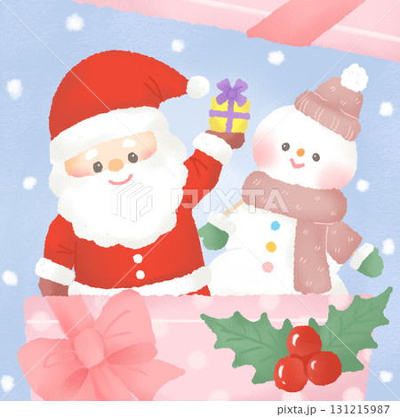 クリスマス_プレゼントを持つサンタクロースと雪だるま 131215987