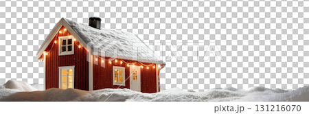 Cozy festive red Christmas house toy decorated with lights transparent PNG cutout, isolated background. Holiday season ornament giving a fuzzy and pleasant feeling, copy space 131216070