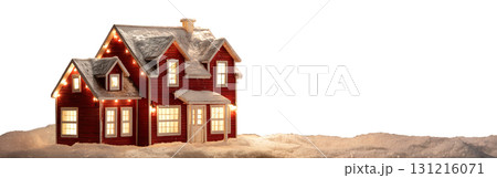 Cozy festive red Christmas house toy decorated with lights transparent PNG cutout, isolated background. Holiday season ornament giving a fuzzy and pleasant feeling, copy space 131216071