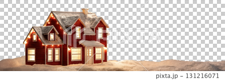 Cozy festive red Christmas house toy decorated with lights transparent PNG cutout, isolated background. Holiday season ornament giving a fuzzy and pleasant feeling, copy space 131216071