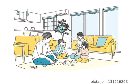 明るいリビングでカードゲームをしている家族団らんのイラスト素材 131216268